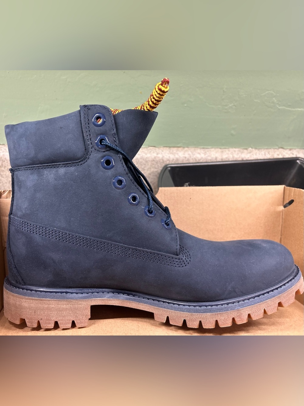 Timberland Navy Nubuck Work Boot with Tan Lug Sole